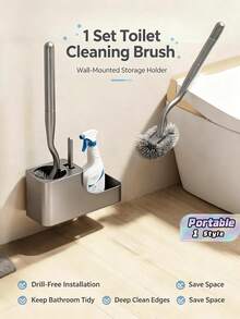 No Drill Suction Cup Toilet Brush Set, Space-Saving Bathroom Accessory With Storage Tray, Bathroom Cleaning Tool For Hard-To-Reach Areas, Household Item, Bathroom Organizer Rack, Multipurpose Cleaning Tool - Multicolor - View 1