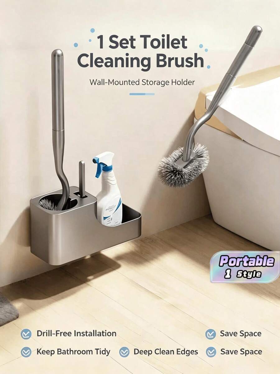 No Drill Suction Cup Toilet Brush Set, Space-Saving Bathroom Accessory With Storage Tray, Bathroom Cleaning Tool For Hard-To-Reach Areas, Household Item, Bathroom Organizer Rack, Multipurpose Cleaning Tool - Multicolor - View 1