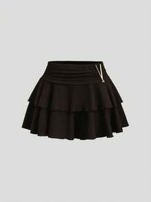 Sweetra Spring/Autumn Women's Casual Commute Textured Fabric Metal Decor Fashion Minimalist Hot Girl Versatile Skorts - Coffee Brown - View 1