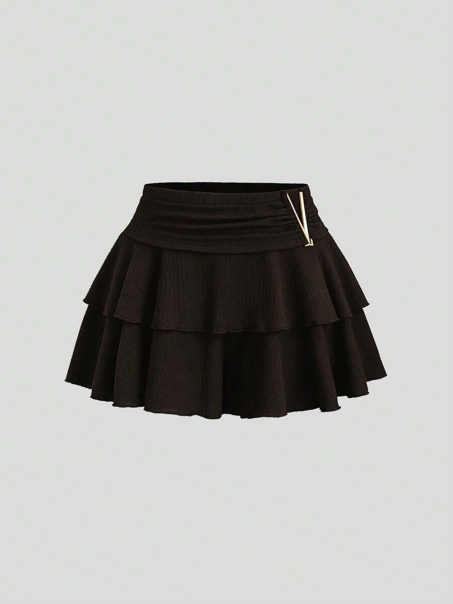 Sweetra Spring/Autumn Women's Casual Commute Textured Fabric Metal Decor Fashion Minimalist Hot Girl Versatile Skorts - Coffee Brown - View 1