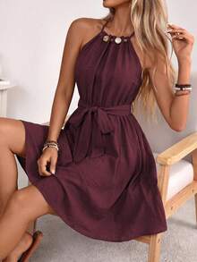Wandoria Women's Spring/Summer French Elegant Luxury Minimalist High-End Design Casual Bohemian Vacation Office Commute Old Money Style Comfortable Solid Color Faux Linen Fabric Ruched Neckline Beaded Decoration Elastic Waist Self-Fabric Belt Cinched Waist A-Line Spaghetti Strap Tie Strap Pocket Short Dress - Burgundy - View 7