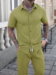 Manfinity Homme Solid Color Textured Striped Casual Vacation Short Sleeve Shirt And Long Pants 2 Pieces Set - Green - View 6