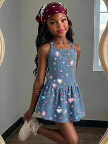 Kids Young Girl Kids Casual Fashion Colorful Rhinestone Decor Halter Neck A-Line Dress - Multicolor - View 4