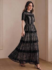 Anewsta Vestido elegante y versátil de verano nuevo con manga corta, capas de encaje y volantes en el bajo - Negro - Ver 3