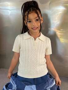 Dazy Kids 青少年女孩純色短袖針織上衣 - 米色 - 查看 7