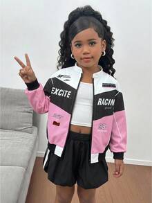 Young Girl Casual Daily Letter Print Loose Drawstring Hem Jacket, Black And Pink Autumn/Winter Jacket Back To School Fall Clothes - Multicolor - View 6