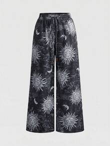 ROMWE Hippie Plus Size Dark Vintage Mysterious Star & Moon All-Over Print Long Pants - Grey - View 1