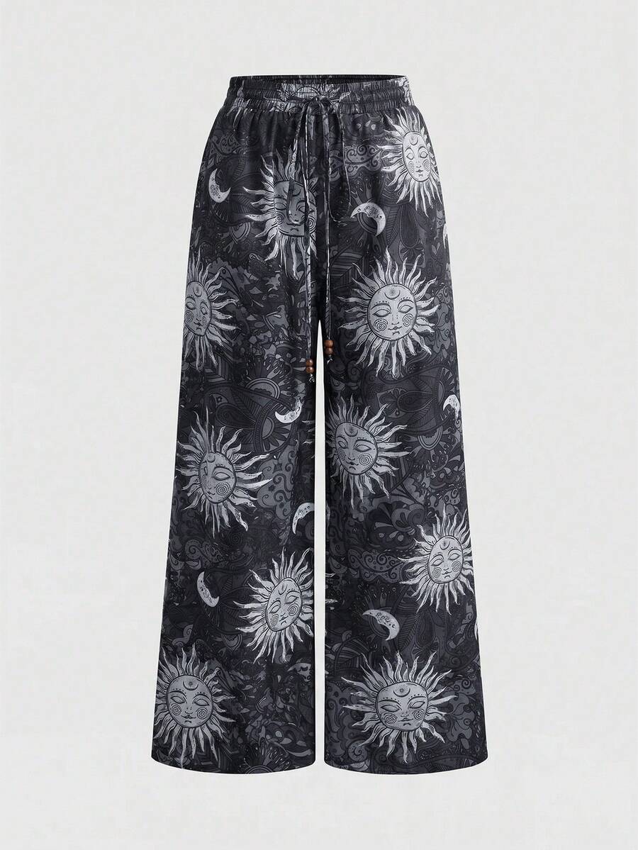 ROMWE Hippie Plus Size Dark Vintage Mysterious Star & Moon All-Over Print Long Pants - Grey - View 1