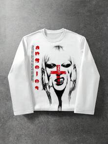 ROMWE MEN Street Life Men's Character Graphic Letter Print Crew Neck Long Sleeve T-Shirt - White - View 1