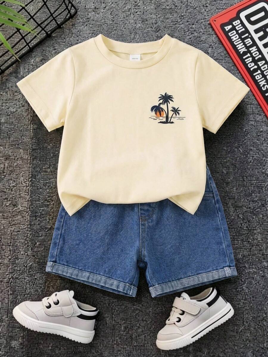 SHEIN Little Byeori 2件套男婴可爱卡通印花针织短袖T恤和弹力腰蓝色牛仔短裤套装,夏季 - 彩色 - 查看 1