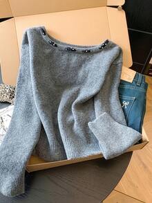 GlowEve CURVE Plus Size Elegant Polka Dot Bowknot Off-Shoulder Long Sleeve Pullover Sweater Fall - Grey - View 2