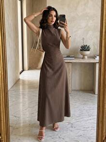 Firerie 新款極簡優雅浪漫約會日常通勤棕色條紋小立領無袖收腰百褶A字長洋裝，初秋百搭條紋洋裝 - 棕色 - 查看 4