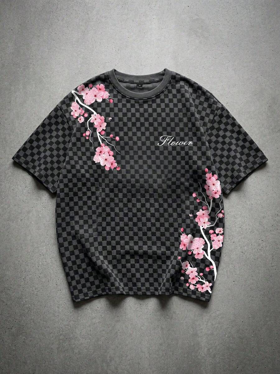 Manfinity LEGND Men's Plaid & Floral Print Casual Daily Summer T-Shirt - Black - View 1