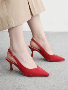 CUCCOO BIZCHIC Women's Red Pointed Suede Simple Commuter Fashion Wear Stiletto Back Strap High Heel Shoes - Red suede - View 4