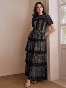 Anewsta Vestido elegante y versátil de verano nuevo con manga corta, capas de encaje y volantes en el bajo - Negro - Ver 6