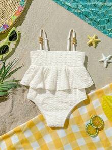 SHEIN Young Girl One-Piece Swimsuit, Cute Polyester Swimwear, Suitable For Summer Swimming, Fashionable Colorful Casual Swimsuit, Suitable For Young Girls, White Ruffle One-Piece Swimsuit, Children's White Ruffle Swimsuit, Ruffle Girls' Swimsuit, White Children's Swimwear, Ruffle Girls' One-Piece Swimsuit - Beige - View 3