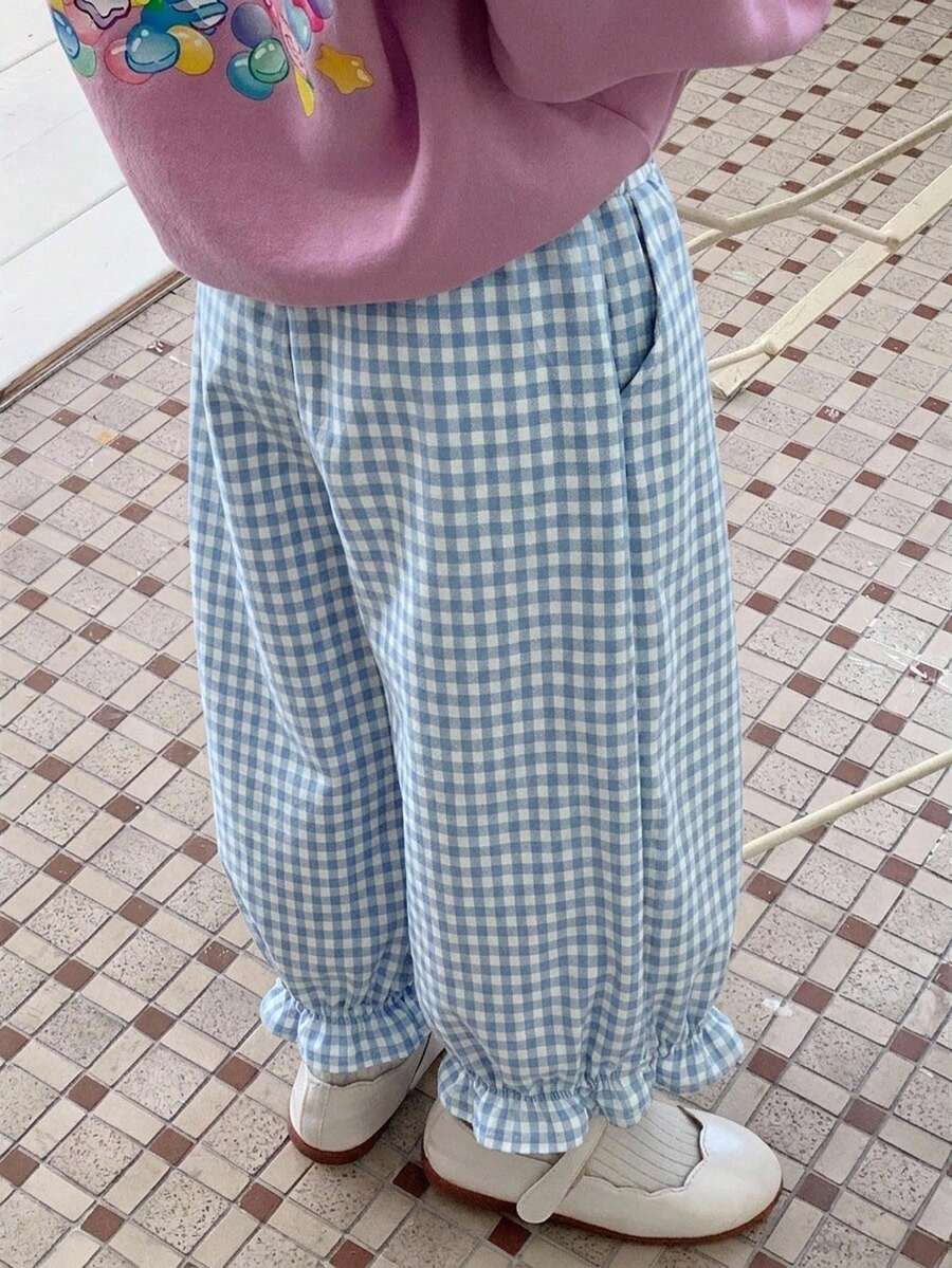 DAZY 女童格紋休閒百搭日常燈籠褲 - 藍色 - 查看 1
