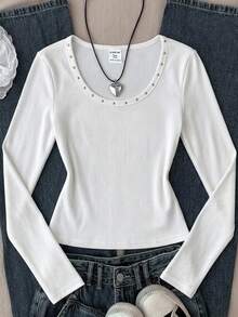 SHEIN 青少年女孩 T-Shirt 春秋冬新款 白色羅紋鉚釘裝飾 U領修身長袖 T-Shirt - 白色 - 查看 7