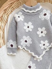 Baby Girl Floral Pattern High Neck Long Sleeve Sweater And Knitted Autumn Winter Pants Set - Grey - View 3