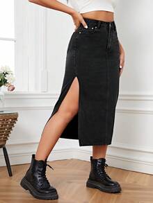 Flexra Plus Size Side Slit Denim Skirt Formal Date Night Black Autumn Casual 1960s - Black - View 4