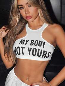 SHEIN ICON Slogan Printed Cropped Tank Top - White - View 4