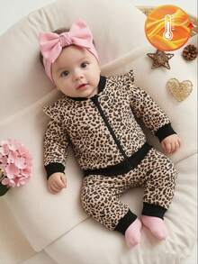 SHEIN Vintaside Kids 女嬰時尚豹紋套裝，秋冬新款荷葉邊拉鍊上衣與豹紋收口長褲套裝 - 黑色 - 查看 1
