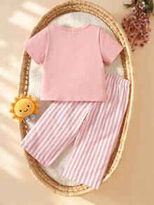 SHEIN Playful Pals 2件套嬰兒/幼兒女童甜美優雅可愛風春夏新款 粉色小太陽圖案圓領短袖上衣 + 粉白條紋長褲，柔軟舒適面料，適合日常穿著或戶外活動 - 粉色 - 查看 4