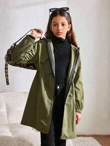 SHEIN Chaqueta de parka de punto con capucha, bolsillo y letra suelta informal para niñas preadolescentes - Verde militar - Ver 4