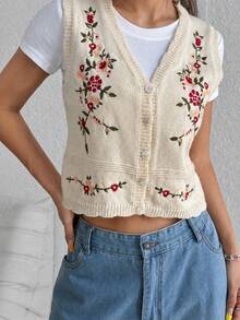 EMERY ROSE European And American New Fashion V-Neck Embroidered Floral Versatile Casual Knit Sweater Vest Knit Top - Multicolor - View 7