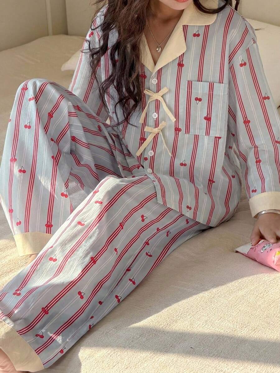 DAZY 青少年女孩條紋櫻桃印花上衣與長褲家居服 - 藍色 - 查看 1