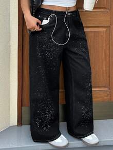 Dazy Plus Shiny Loose Wide Leg Long Pants Black Versatile Blogger Casual Street Style Plus Size Women All Season Denim Jeans Fall - Black - View 4