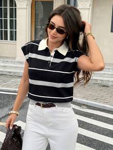 Serisse Casual Commute Colorblock Striped Knit Top - Black - View 5
