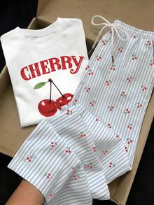Comfortcana Casual Minimalist Style Red Cherry Letter Graphic Short Sleeve T-Shirt With Blue Pinstripe Long Pants 2-Piece Set, Suitable For Spring And Summer - Multicolor - View 1