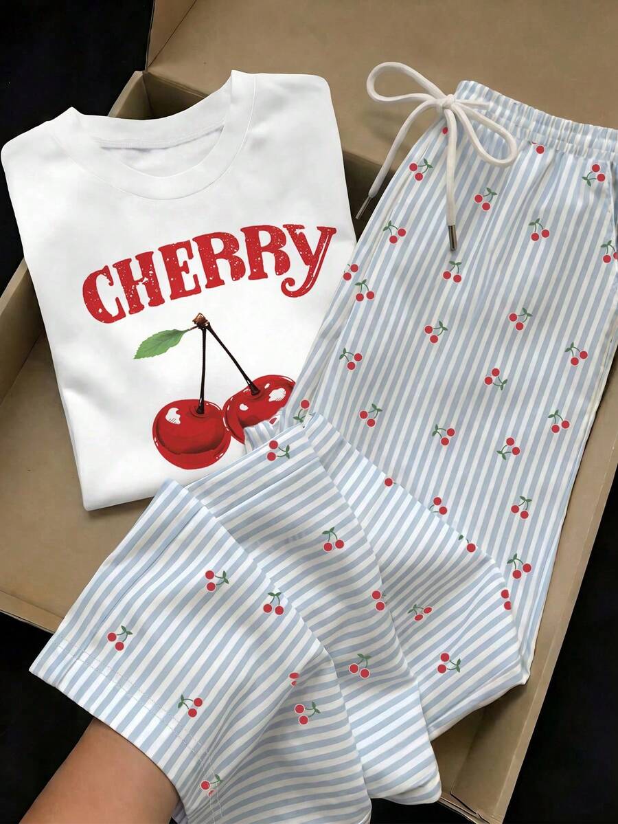 Comfortcana Casual Minimalist Style Red Cherry Letter Graphic Short Sleeve T-Shirt With Blue Pinstripe Long Pants 2-Piece Set, Suitable For Spring And Summer - Multicolor - View 1