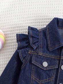 SHEIN Chaqueta de mezclilla de manga larga con volantes y abotonadura sencilla para niña - Azul Marino - Ver 7