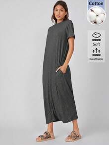 SHEIN BASICS Robe longue d'été décontractée de couleur unie pour femmes, pour un usage quotidien, en gris foncé, pour les vacances, les voyages et la maison - Gris - Voir 3