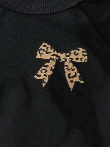 Elladie kids 女童休閒拼色衛衣套裝，黑色插肩袖圓領短版豹紋蝴蝶結圖案，搭配寬腿長褲，返校穿搭女童服飾 - 黑色 - 查看 5