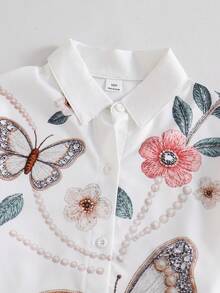 2pcs/Set Girls' Gentle Korean Style Campus Date Outdoor Commute Spring Autumn 3D Floral Butterfly Embroidered Collared Shirt, Knitted Shawl, Drapey Pi - Pink - View 5