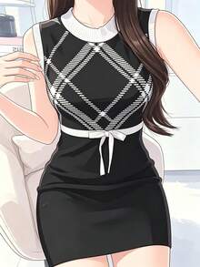 FRIFUL 女款圓領蝴蝶結裝飾休閒日常針織洋裝 夏季 - 黑色 - 查看 5
