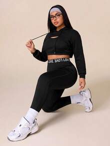 SHEIN Velisys Women's Plus Size Drawstring Hooded Cropped Sweatshirt And Letter Waistband Leggings Sports Set Fall - Black - View 6