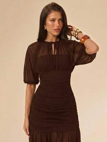 SHEIN BAE 女款純色百褶休閒派對洋裝 - 咖啡棕 - 查看 6