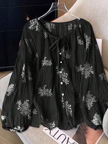 SHEIN Clasi 大码女式前系长袖休闲刺绣衬衫，适合度假穿着 - 黑色 - 查看 3