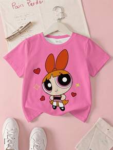 THE POWERPUFF GIRLS X SHEIN 少女卡通印花短袖休閒T恤 - 彩色 - 查看 18
