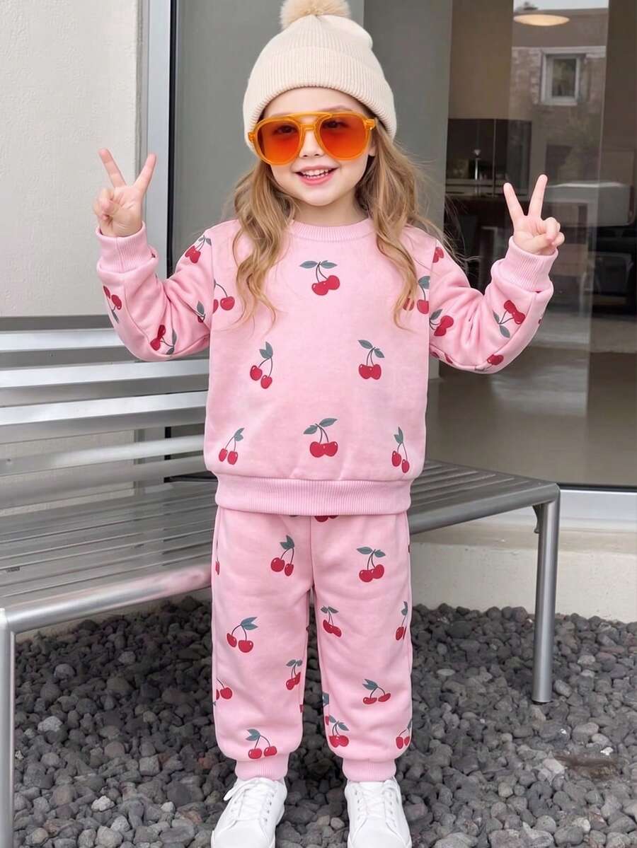 Young Girl Casual Minimalist Thick Soft Comfortable Crew Neck Pullover Sweatshirt And Jogger Pants 2-Piece Set, Suitable For Autumn/Winter - Multicolor - View 1