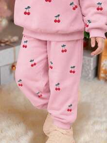 Young Girl Casual Minimalist Thick Soft Comfortable Crew Neck Pullover Sweatshirt And Jogger Pants 2-Piece Set, Suitable For Autumn/Winter - Multicolor - View 3