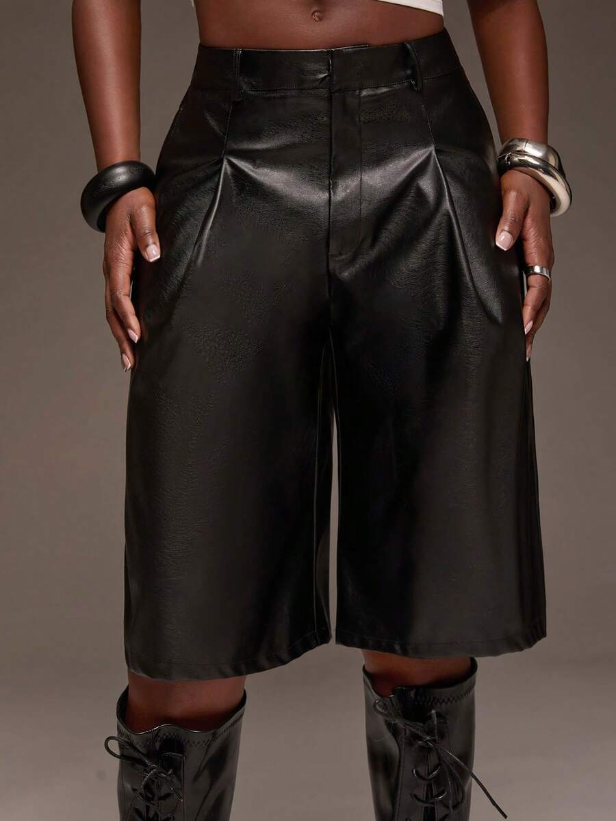 Normani شورتات نسائية مثيرة وعصرية من مادة PU بتصميم مطوي بأسلوب الشارع - الأسود - مشاهدة 1