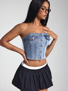 SHEIN ICON Top Tipo Corpiño De Mezclilla Con Botones Delanteros - Azul lavado medio - Ver 3