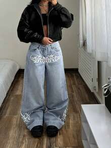 StreetHx Celana Jeans Ukuran Besar Kasual Model Washed Pinggang Rendah Kaki Lebar - Biru - View 6