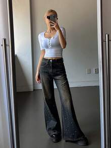 Dazy Tall Celana Jeans Denim Wanita Model Lurus Kasual Jalanan dengan Hiasan Berlian Imitasi untuk Musim Gugur - Medium Wash - View 5