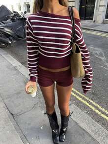 SHEIN Burgundy Off-Shoulder Ribbed Knit Co-Ord Set With Long Sleeve Top Matching Shorts July Edit Autumn Stripes Coastal Cool Soft Stretch Knitwear - Burgundy - View 5